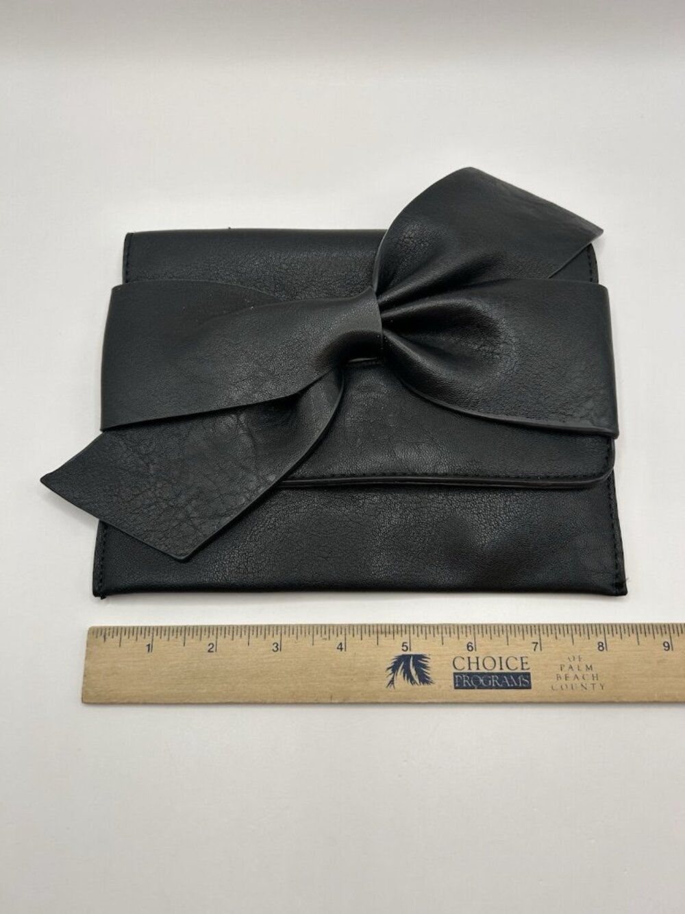 Anthropologie Clutch Purse Black Faux Leather Bow Envelope Small Chic Elegant - Picture 10 of 11